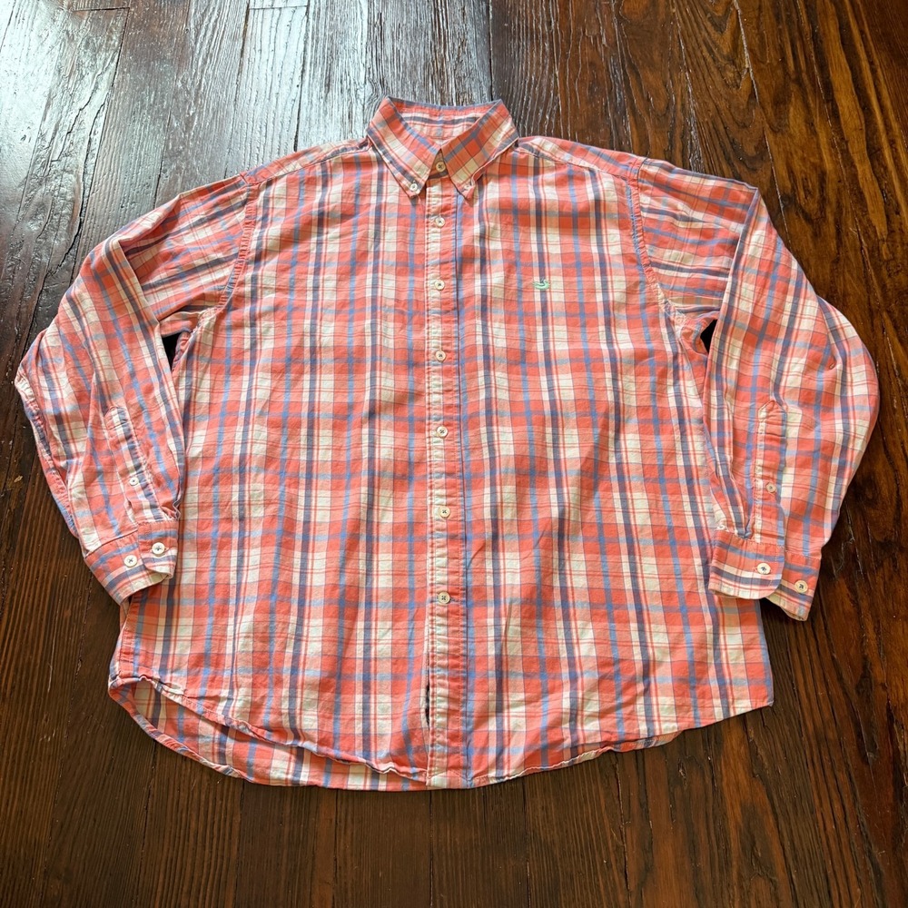 Southern Marsh Shirt Mens Large Orange Blue Plaid Wrinkle Free Button Down - EUC